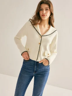 Hot Sailor-Collar Contrast-Trim Button Cardigan Cardigans|Sweaters & Cardigans