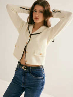 Hot Sailor-Collar Contrast-Trim Button Cardigan Cardigans|Sweaters & Cardigans