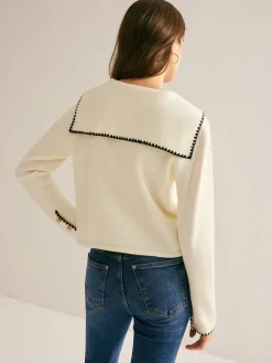 Hot Sailor-Collar Contrast-Trim Button Cardigan Cardigans|Sweaters & Cardigans