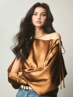 Online Satin Asymmetrical Cold Shoulder Tied Blouse Blouses & Shirts|Tops