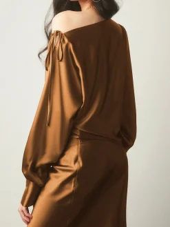 Online Satin Asymmetrical Cold Shoulder Tied Blouse Blouses & Shirts|Tops