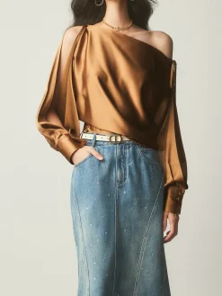 Online Satin Asymmetrical Cold Shoulder Tied Blouse Blouses & Shirts|Tops