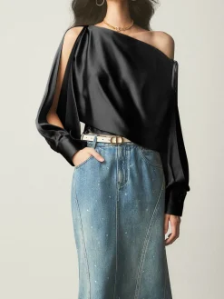 Online Satin Asymmetrical Cold Shoulder Tied Blouse Blouses & Shirts|Tops