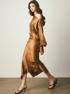 Online Satin Asymmetrical Split Skirt Skirts|Bottoms