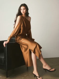 Online Satin Asymmetrical Split Skirt Skirts|Bottoms
