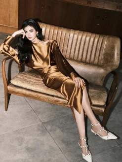 Online Satin Asymmetrical Split Skirt Skirts|Bottoms