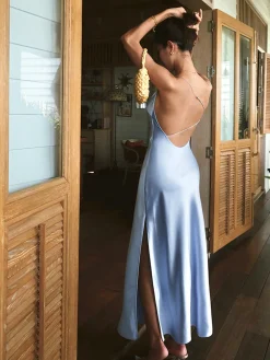 Discount Satin Backless Split Thigh Long Dress Casual Dresses|Cocktail & Party Dresses