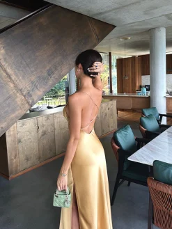 Discount Satin Backless Split Thigh Long Dress Casual Dresses|Cocktail & Party Dresses