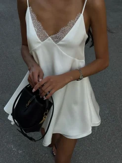 Hot Satin Backless V-Neck Dress White Dresses|Casual Dresses