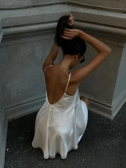 Hot Satin Backless V-Neck Dress White Dresses|Casual Dresses