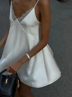 Hot Satin Backless V-Neck Dress White Dresses|Casual Dresses