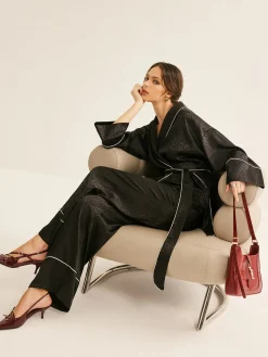 New Satin Contrast Piping Belted Pants Set Pants Sets
