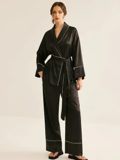 New Satin Contrast Piping Belted Pants Set Pants Sets
