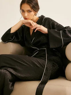 New Satin Contrast Piping Belted Pants Set Pants Sets