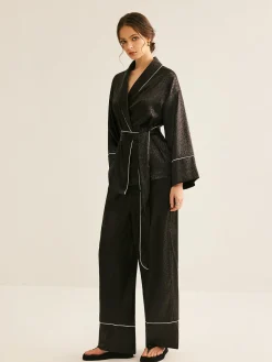 New Satin Contrast Piping Belted Pants Set Pants Sets