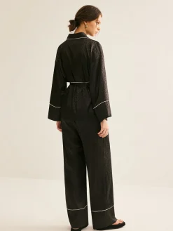 New Satin Contrast Piping Belted Pants Set Pants Sets