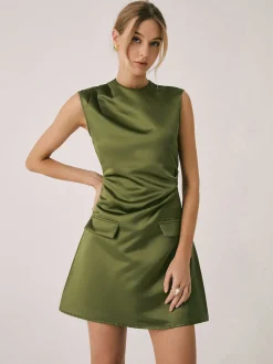 New Satin Crew Neck Short Dress Casual Dresses|Work Dresses
