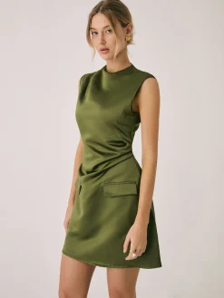 New Satin Crew Neck Short Dress Casual Dresses|Work Dresses