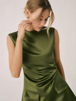 New Satin Crew Neck Short Dress Casual Dresses|Work Dresses