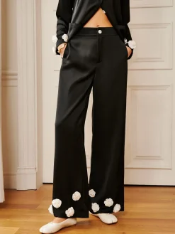 Hot Satin 3D Flower Button Pants Long Sleeve Sets|Pants