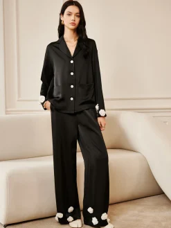 Hot Satin 3D Flower Button Pants Long Sleeve Sets|Pants