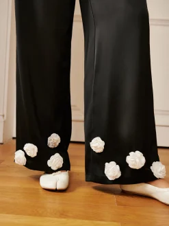 Hot Satin 3D Flower Button Pants Long Sleeve Sets|Pants