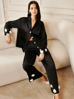 Satin 3D Flower Pocket Shirt Long Sleeve Sets|Blouses & Shirts