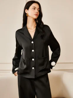 Satin 3D Flower Pocket Shirt Long Sleeve Sets|Blouses & Shirts