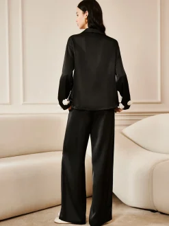 Satin 3D Flower Pocket Shirt Long Sleeve Sets|Blouses & Shirts