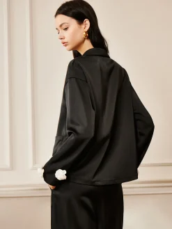 Satin 3D Flower Pocket Shirt Long Sleeve Sets|Blouses & Shirts