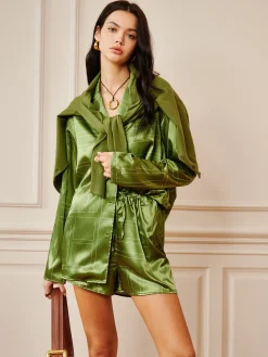 Satin Drawstring Shorts Set Shorts Sets|Long Sleeve Sets