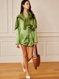 Satin Drawstring Shorts Set Shorts Sets|Long Sleeve Sets