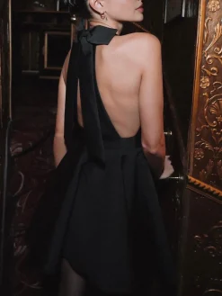 Sale Satin Knotted Doule Pockets Open Back Pleated Mini Dress Black Dresses|Cocktail & Party Dresses