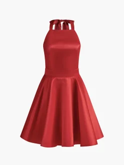 Sale Satin Knotted Doule Pockets Open Back Pleated Mini Dress Black Dresses|Cocktail & Party Dresses