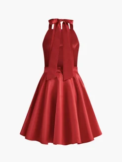 Sale Satin Knotted Doule Pockets Open Back Pleated Mini Dress Black Dresses|Cocktail & Party Dresses