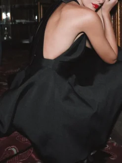 Sale Satin Knotted Doule Pockets Open Back Pleated Mini Dress Black Dresses|Cocktail & Party Dresses