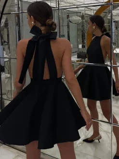 Sale Satin Knotted Doule Pockets Open Back Pleated Mini Dress Black Dresses|Cocktail & Party Dresses