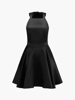 Sale Satin Knotted Doule Pockets Open Back Pleated Mini Dress Black Dresses|Cocktail & Party Dresses