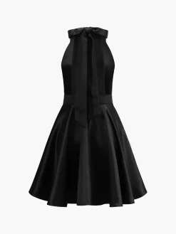 Sale Satin Knotted Doule Pockets Open Back Pleated Mini Dress Black Dresses|Cocktail & Party Dresses