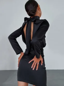 New Satin Mock Neck Tie Back Short Dress Black Dresses|Casual Dresses