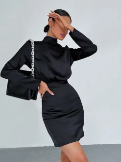 New Satin Mock Neck Tie Back Short Dress Black Dresses|Casual Dresses