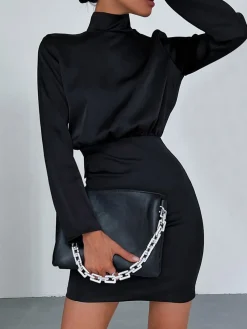 New Satin Mock Neck Tie Back Short Dress Black Dresses|Casual Dresses
