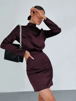 New Satin Mock Neck Tie Back Short Dress Black Dresses|Casual Dresses