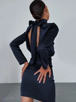 New Satin Mock Neck Tie Back Short Dress Black Dresses|Casual Dresses