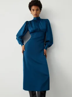 Hot Satin Mock Neck Tie Back Long Sleeve Midi Dress Casual Dresses|Work Dresses
