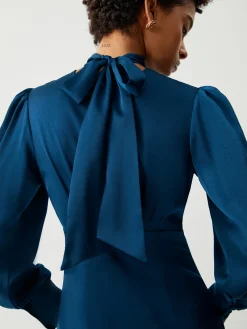 Hot Satin Mock Neck Tie Back Long Sleeve Midi Dress Casual Dresses|Work Dresses