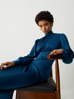 Hot Satin Mock Neck Tie Back Long Sleeve Midi Dress Casual Dresses|Work Dresses