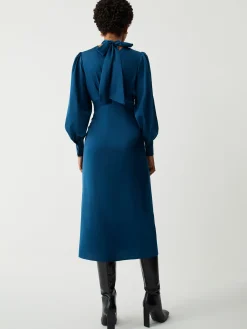 Hot Satin Mock Neck Tie Back Long Sleeve Midi Dress Casual Dresses|Work Dresses