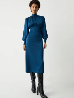 Hot Satin Mock Neck Tie Back Long Sleeve Midi Dress Casual Dresses|Work Dresses