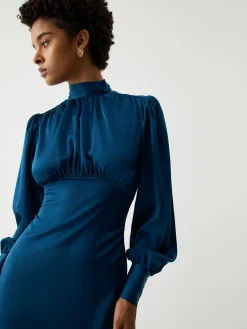 Hot Satin Mock Neck Tie Back Long Sleeve Midi Dress Casual Dresses|Work Dresses
